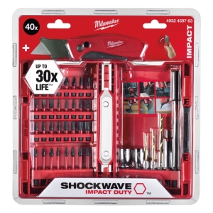 Zestaw bitów i wierteł udarowych Shockwave (40 szt.) + nóż Fastback MILWAUKEE