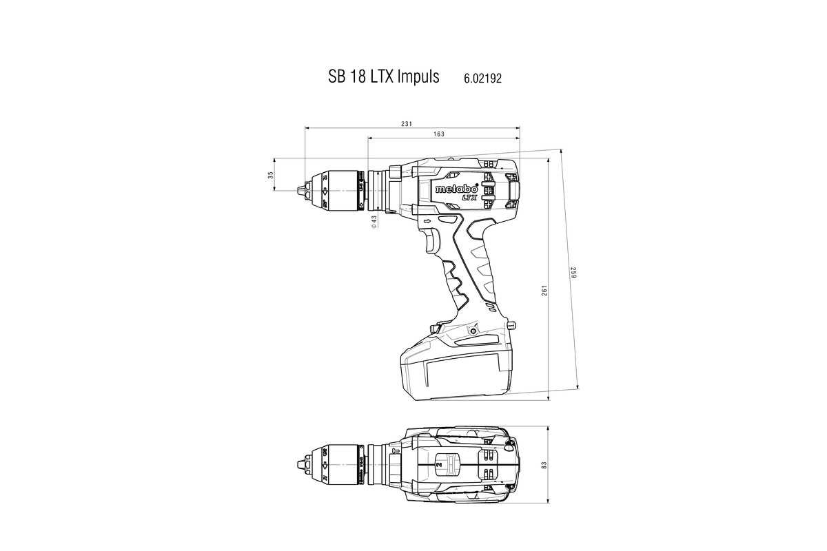 Akumulatorowa wiertarko-wkrętarka udarowa 110 Nm Metabo SB 18 LTX Impuls 602192890 rysunek techniczny z wymiarami wiertarki